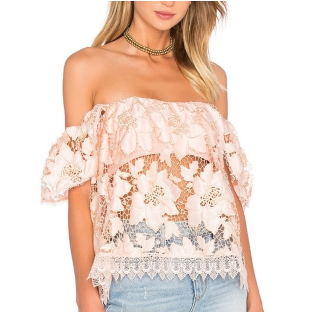 Lovers + Friends Off Shoulder Peach Lace Top Lifes A Beach Papaya NWT Size Med